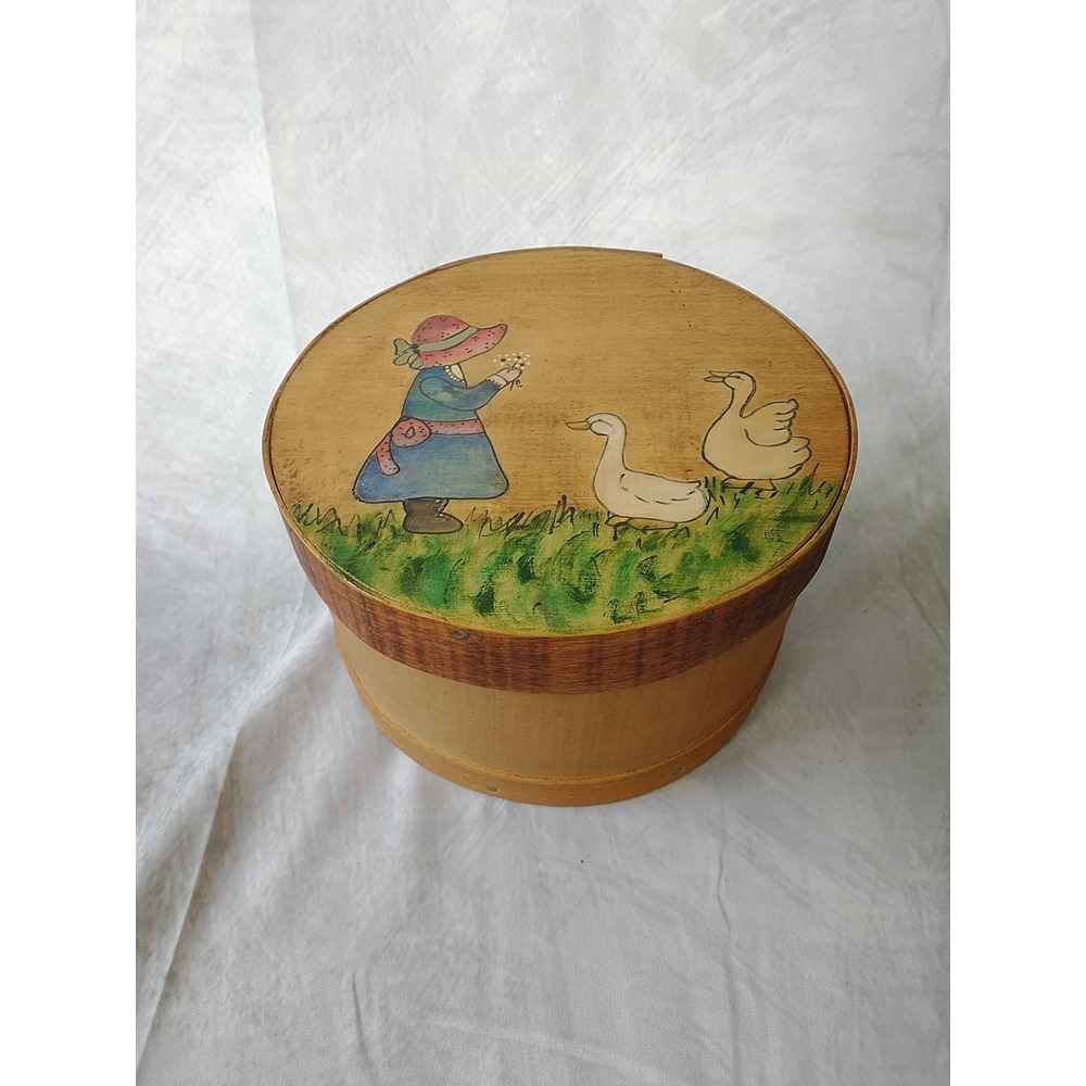 Vintage Hand Painted Wooden Cheese Box Geese Farmhouse bonnet Country - Picture 15 of 16